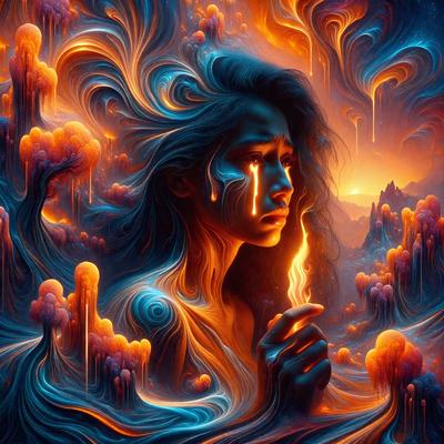 The primary subject of the image is a woman with a tear in her eye, surrounded by a vibrant and colorful environment. The setting includes a mountainous landscape, with a sunset in the background. The visual style of the image is a digital art or illustration, featuring a combination of vivid colors and intricate details. The overall atmosphere of the image is one of emotion and beauty, with the woman's tear adding a sense of vulnerability and depth to the scene.